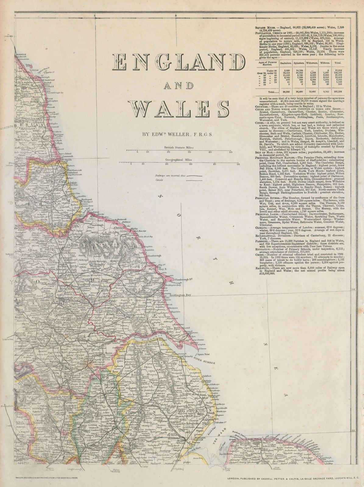 ENGLAND NORTH EAST COAST Lincs Yorks Durham Northumbs. >Berwick WELLER c1863 map